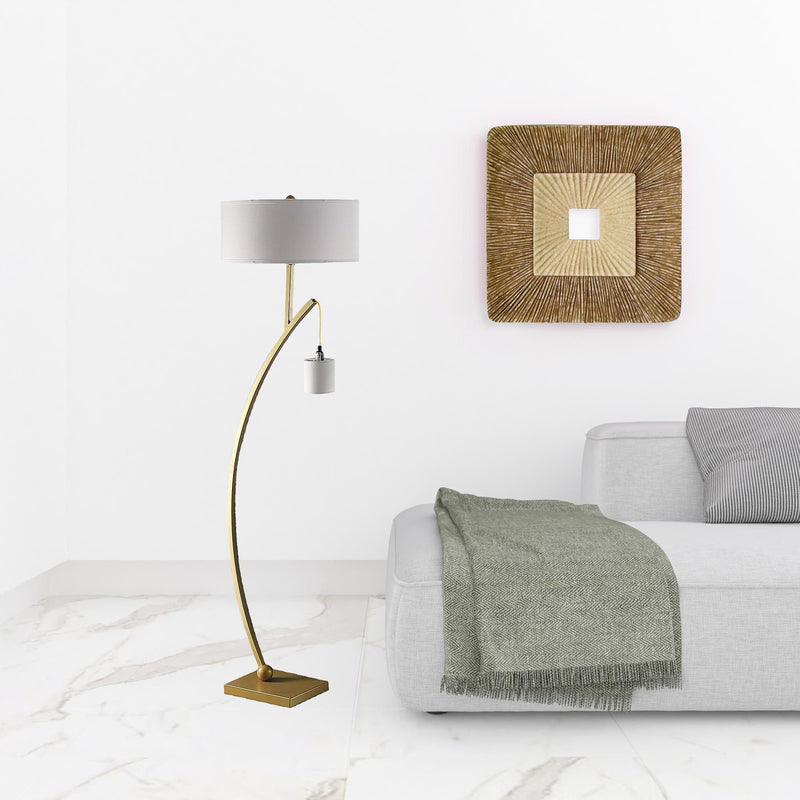 Dual Arc Floor Lamp With White Drum Shade - Matte Gold
