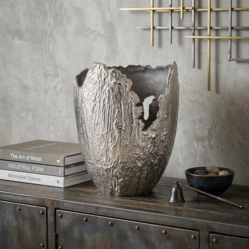 Hammered Aluminum Oval Table Vase - Silver And Slate Gray