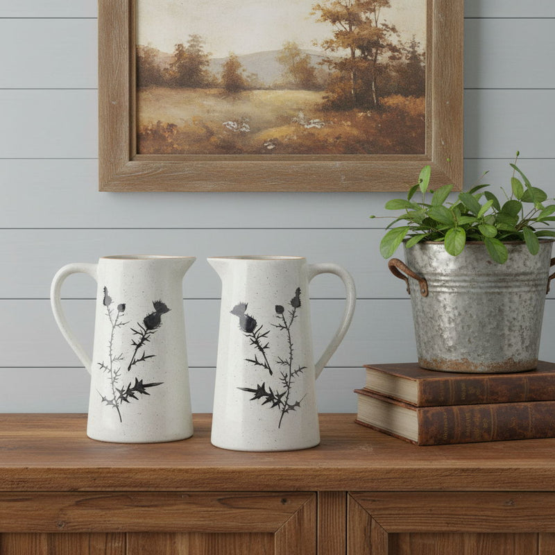 Floral Cylinder Pitcher Vase (Set of 2) - Black / Off White