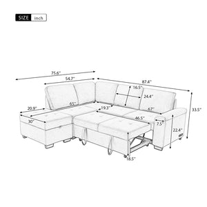 Sleeper Sectional Sofa, L-Shape Corner Couch Sofa-Bed with Storage Ottoman & Hidden Arm Storage & USB Charge  for Living Room Apartment, Gray