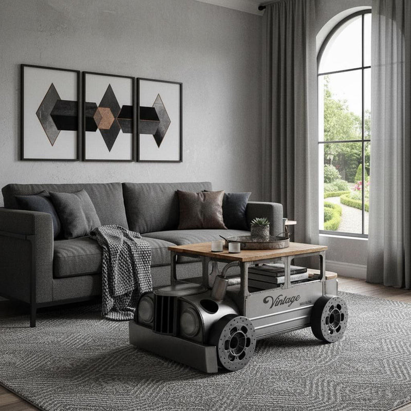 Vintage Style Truck Solid Wood And Metal Coffee Table - Gray And Brown
