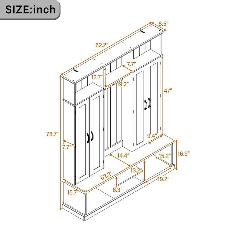 Entryway Hall Tree With Bench, 3 Top Cubbies & Bottom Storage Space