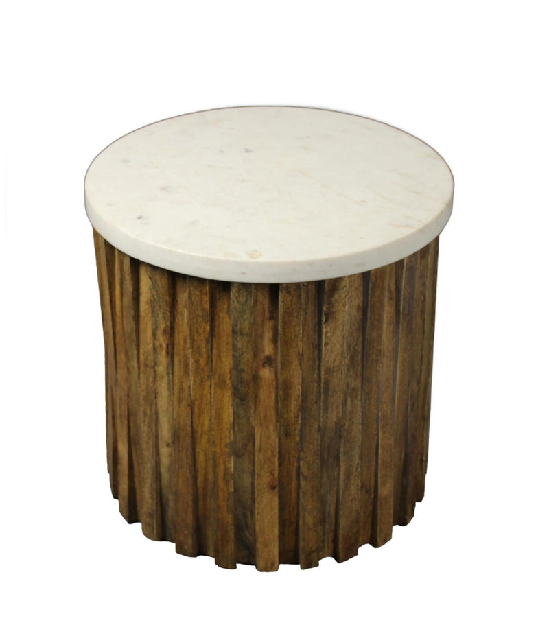 Marble And Solid Wood Round End Table - Brown And Ivory