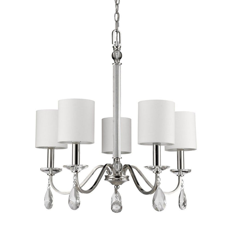 Candle Style Five Light Metal And Crystals Dimmable Chandelier With White Shades - Silver / White