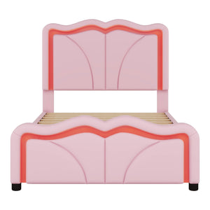 Upholstered Platform Bed & Curve Shaped And Height Adjustable Headboard, LED Light Strips