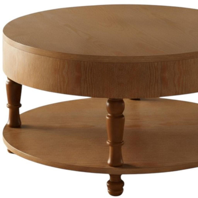 Round Coffee Table With Hidden Storage Shelf - Natural