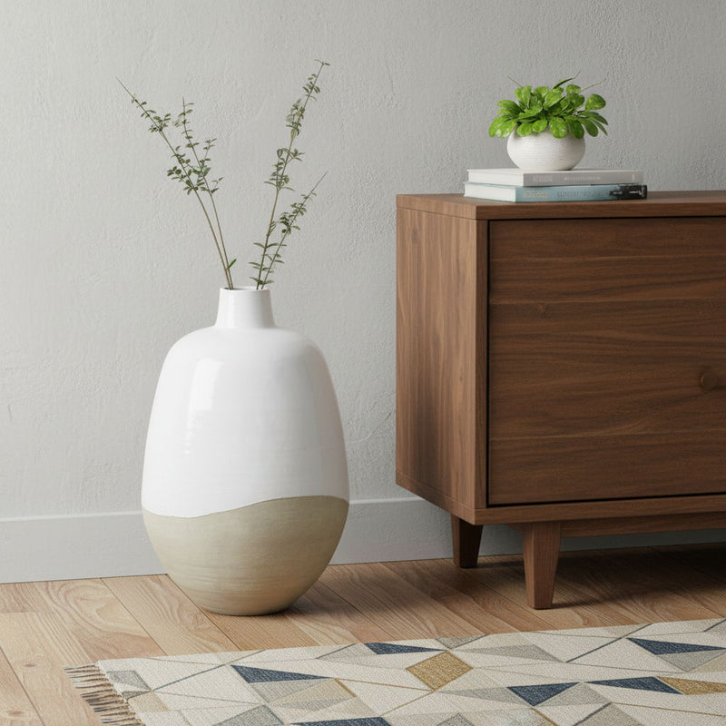 Block Round Floor Vase - White / White