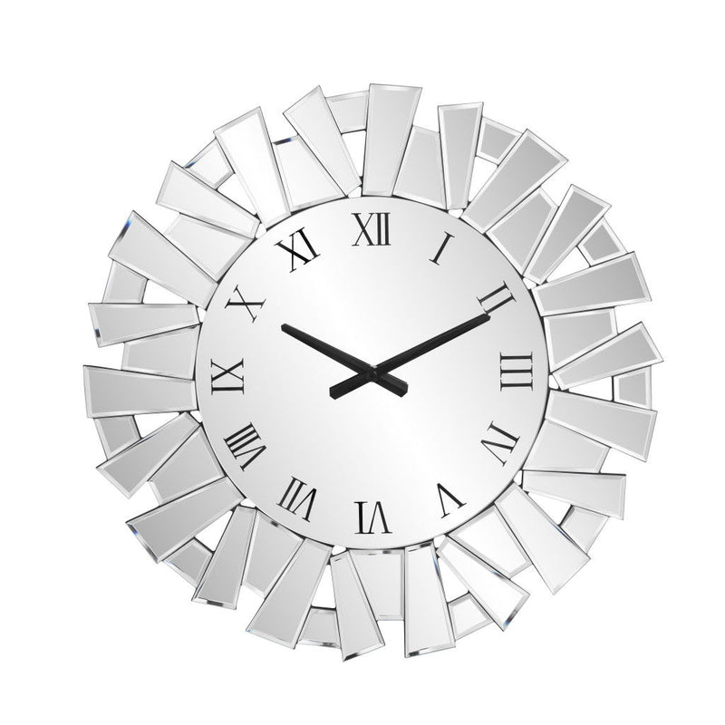 Mirrored Silent Analog Sunburst Wall Clock - Silver