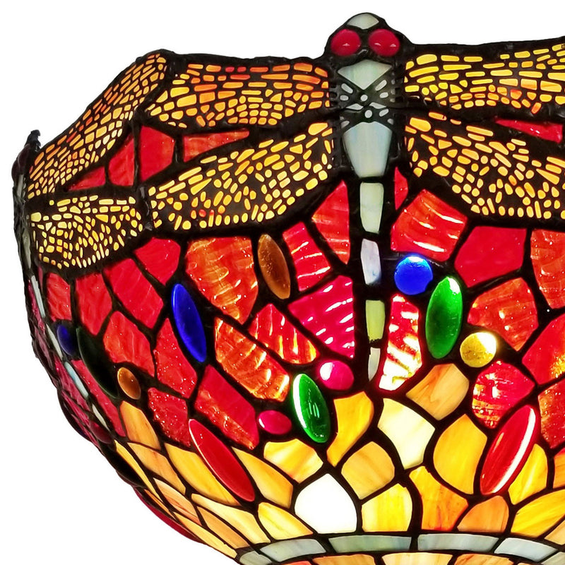 Traditional Shaped Floor Lamp With Red Yellow And Brown Dragonfly Stained Glass Dome Shade - Brown