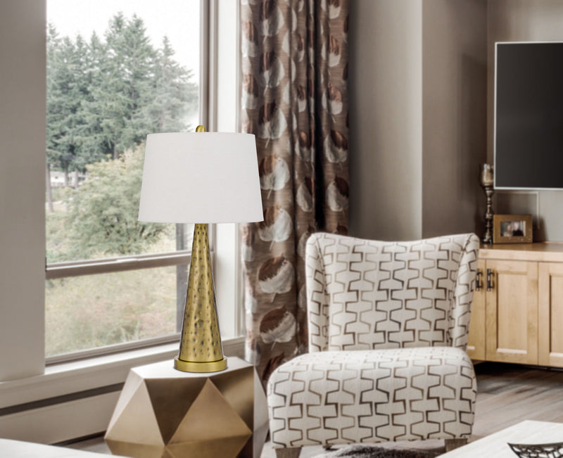 Metal Geometric Table Lamp With White Empire Shade - Antiqued Brass