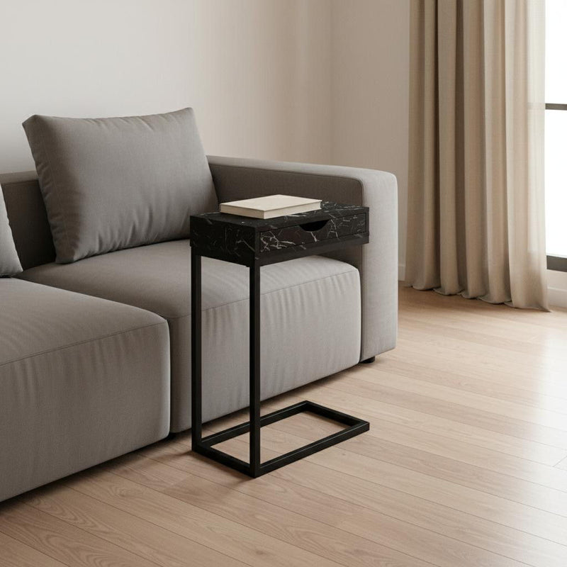 Faux Marble And Iron End Table With Drawer - Black