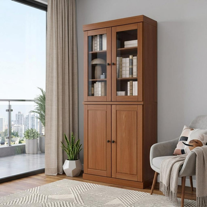 Solid Wood Adjustable Six Tier Library Bookcase With Four Doors (751515) - Coffee