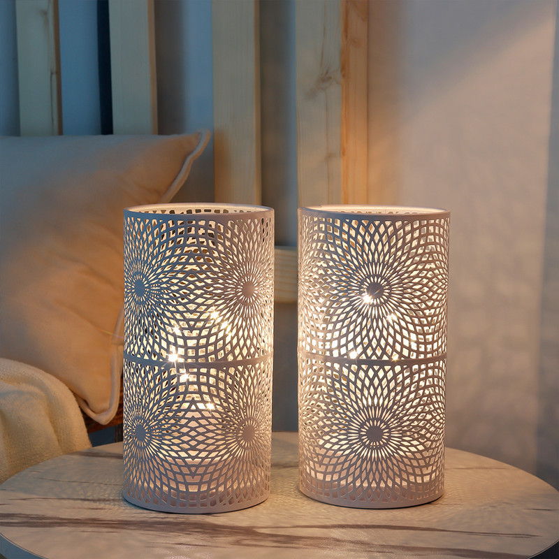 8" Metal Pierced Geometric Battery Operated Lamps With Cylinder Shades (Set of 2) - White