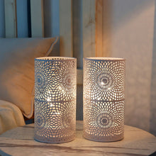 Load image into Gallery viewer, 8" Metal Pierced Geometric Battery Operated Lamps With Cylinder Shades (Set of 2) - White
