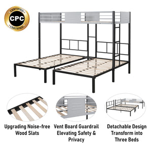 Triple Bunk Bed with Vent Board/ Sturdy Metal Frame/ Noise-Free Wood Slats/ Separatable into three beds/ No Box Spring Needed