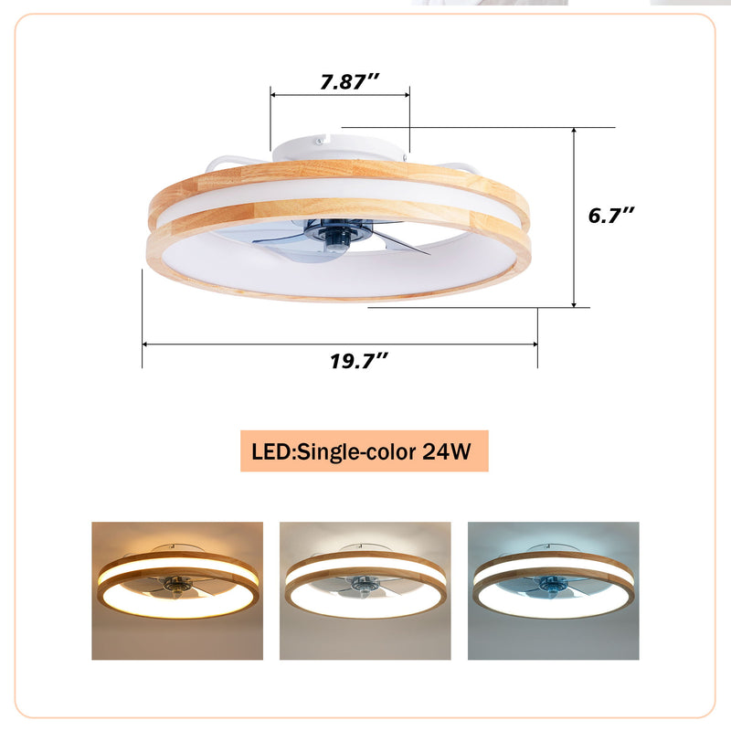 Ceiling Fans With LED Light Source And Remote Control, 3000 - 6500K Dimmable, 6 Speeds, Quiet DC Motor For Living Room - Natural Wood / White