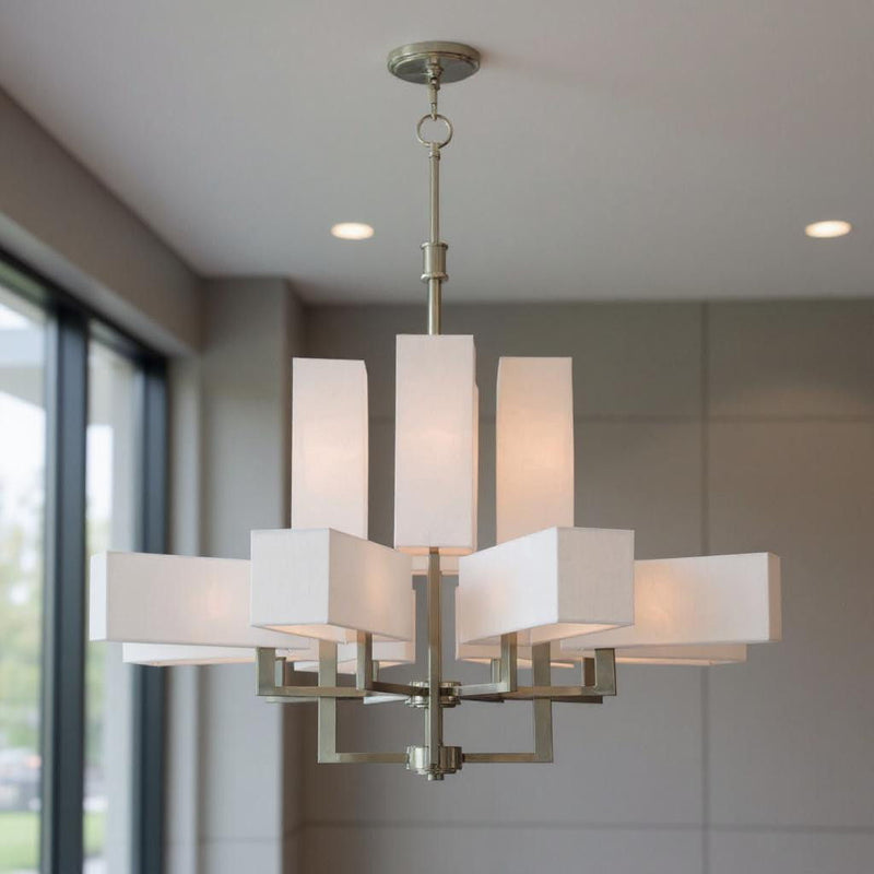 41" Twelve Light Dimmable Chandelier With Shades - Nickel