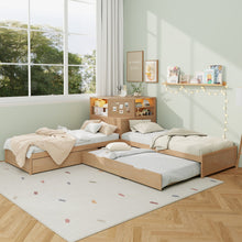 Load image into Gallery viewer, L-Shaped Bed Frame With Trundle, Built In Desk &amp; LED Lighting
