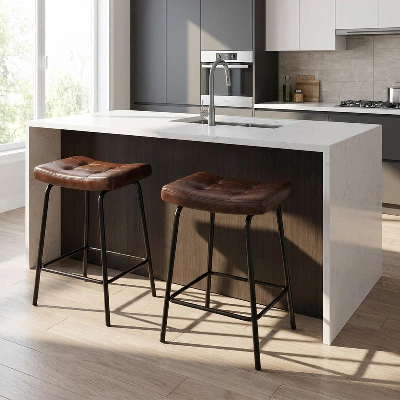 Faux Leather And Metal Counter Height Bar Chairs (Set of 2) - Dark Brown And Black