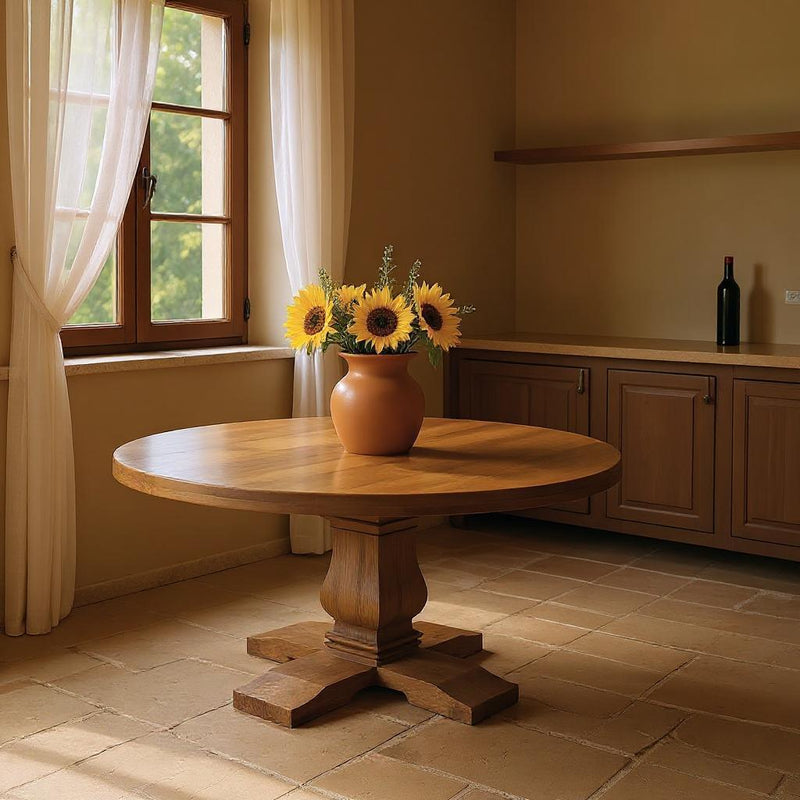 58" Solid Wood Pedestal Base Round Top Dining Table - Brown