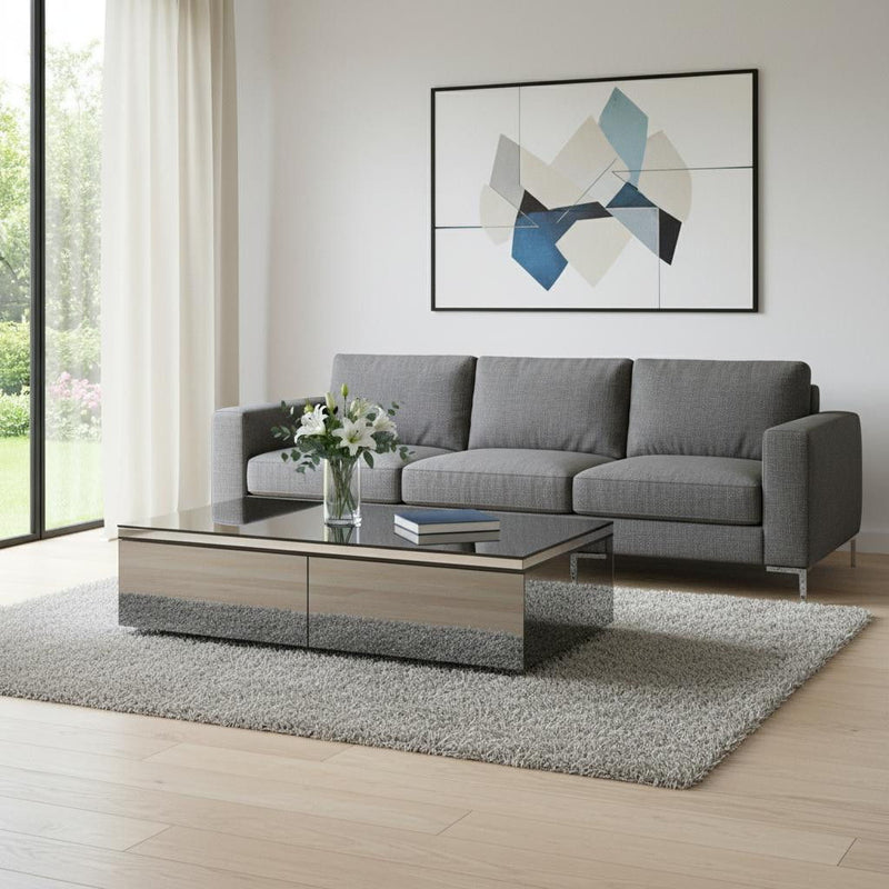 26" Glass Metal Mirrored Coffee Table With Two Drawers - Gray / Silver