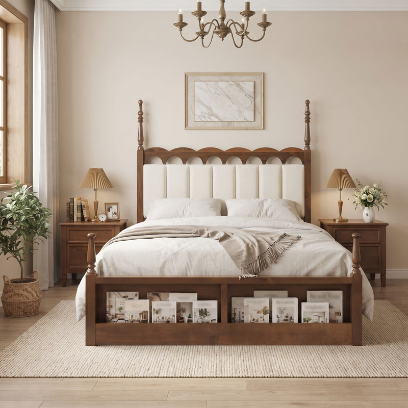 Platform Bed Frame With Tufted Upholstered Scallop Headboard