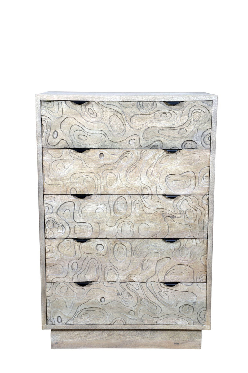 35" Carved Abstract Solid Wood Five Drawer Dresser - White