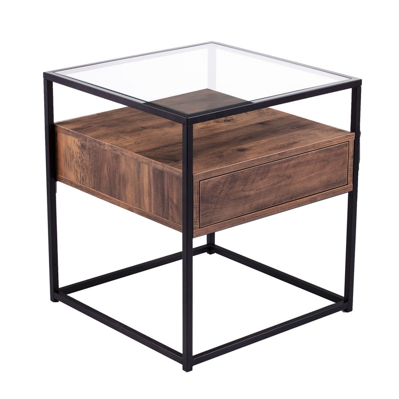 Glass Iron Square End Table With Drawer With Shelf - Black