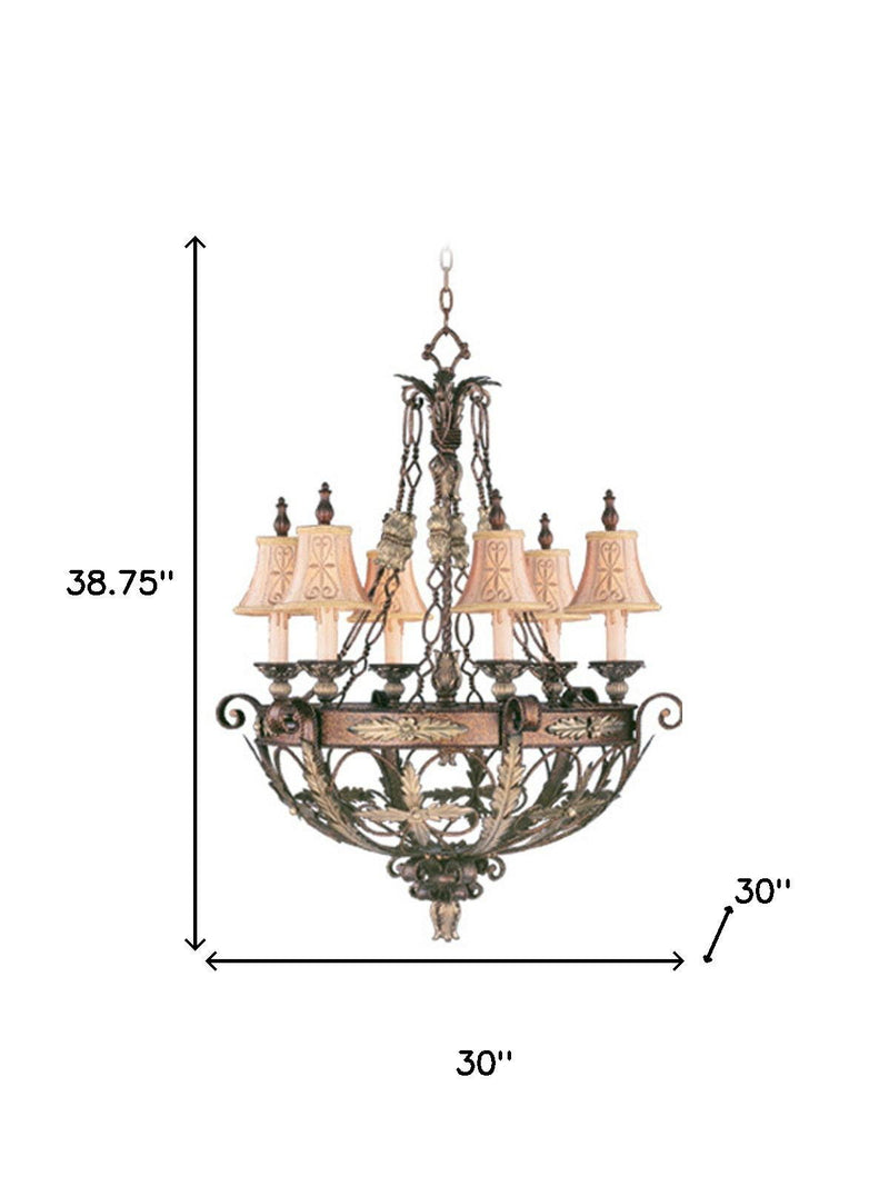 39" Six Light Metal Dimmable Chandelier With Shades - Bronze / Cream