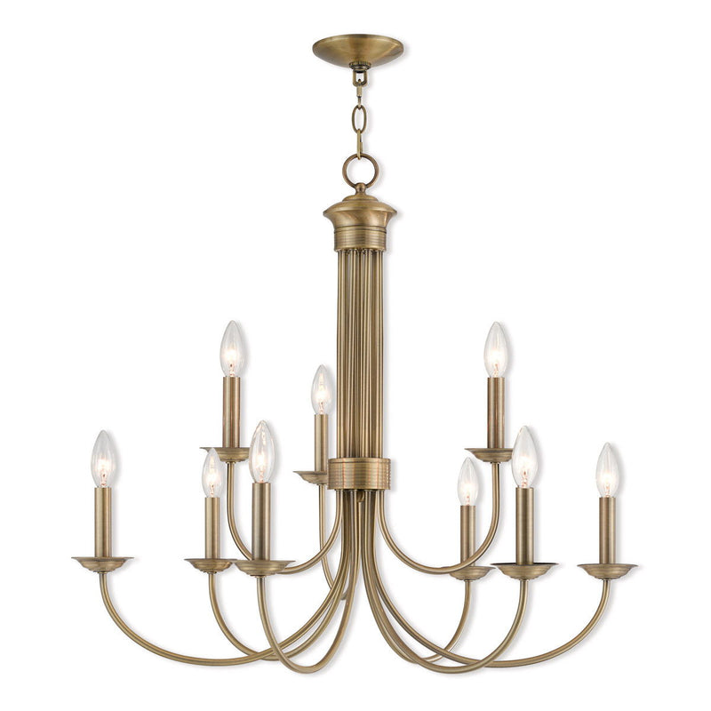 Nine Light Dimmable Chandelier With Shades - Antiqued Brass