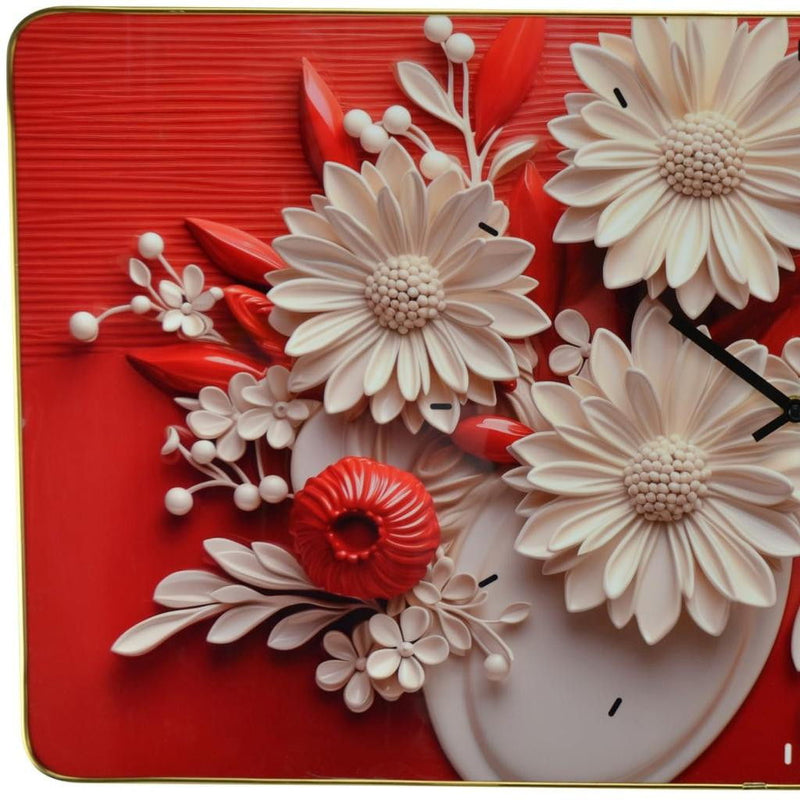 Silent Analog Floral Wall Clock - White / Red / Black