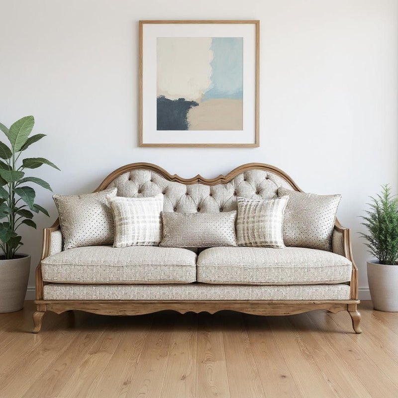 Upholstered Solid Wood Sofa With Toss Pillows - Brown / Beige