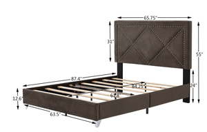 B109 Queen bed .Beautiful brass studs adorn the headboard, strong wooden slats + metal legs with Electroplate