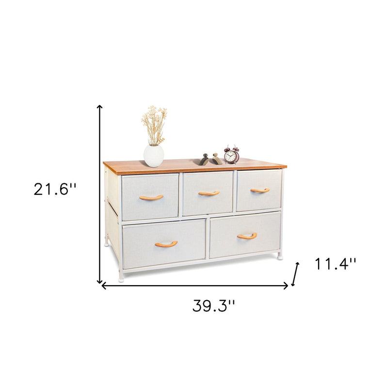 Fabric Chest With Two Shelves And Five Drawers - White And Natural