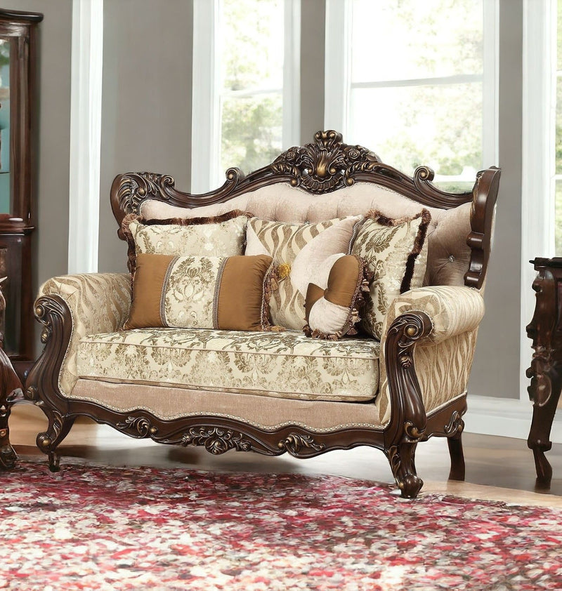 Damask Loveseat And Toss Pillows - Beige / Brown