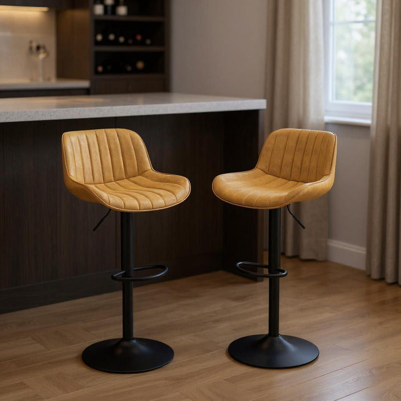 Faux Leather And Steel Swivel Low Back Adjustable Height Bar Chairs With Footrest 42" (Set of 2) - Yellow and Black