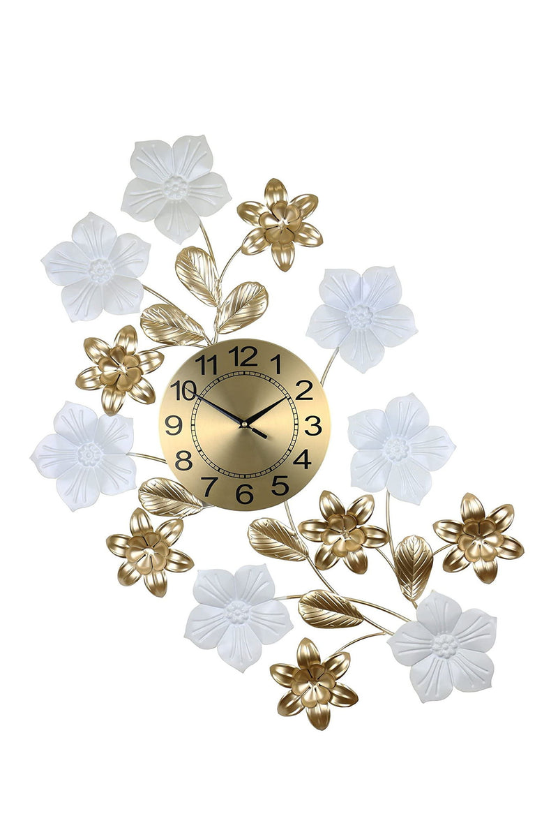 Silent Analog Floral Wall Clock - Gold / White / Black
