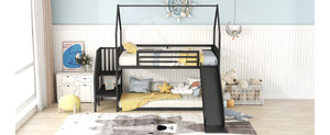 Twin Size Metal Bunk Bed House Bed with Slide and Staircase, Black