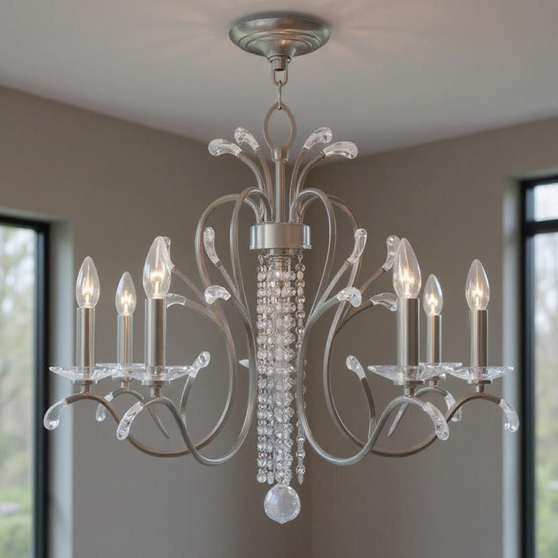 22" Five Light Metal Dimmable Chandelier With Shades - Nickel / Clear