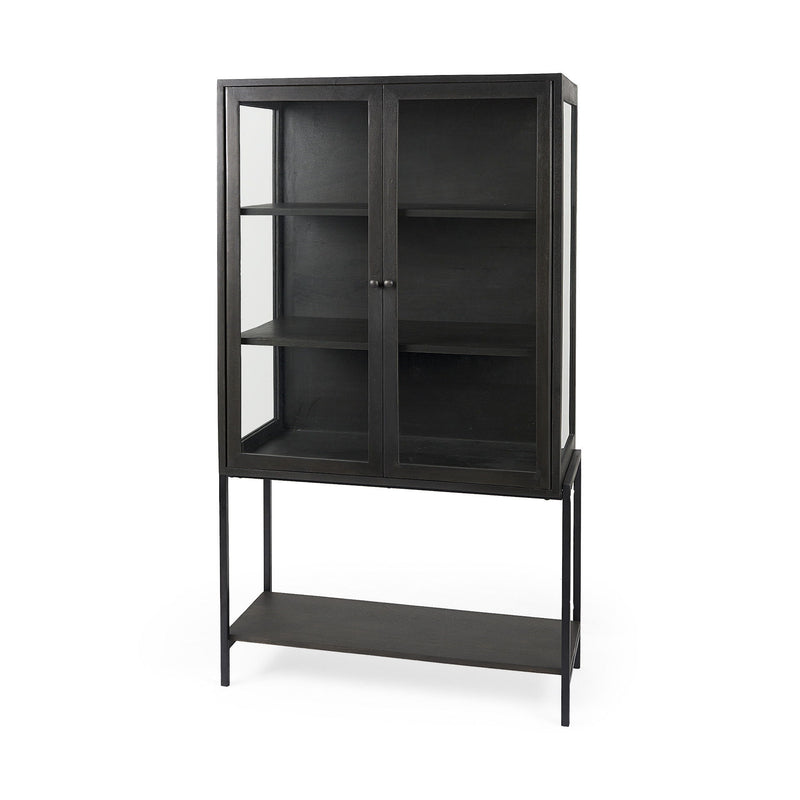 36" Solid Wood And Metal Display Cabinet With Two Doors - Black