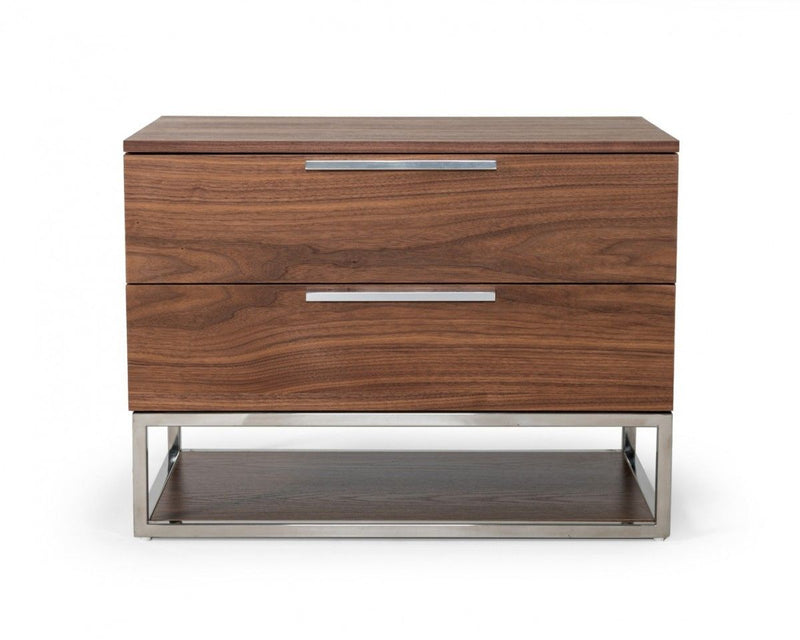 Contemporary Nightstand With Two Drawers - Walnut And Stainless Steel