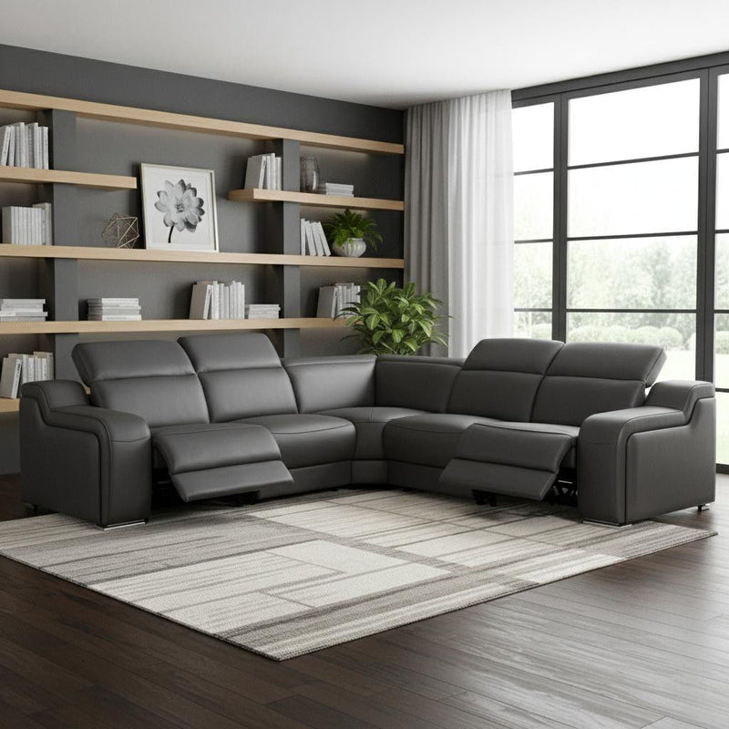 Italian Leather Power Reclining L Shaped Five Piece Corner Sectional - Dark Gray