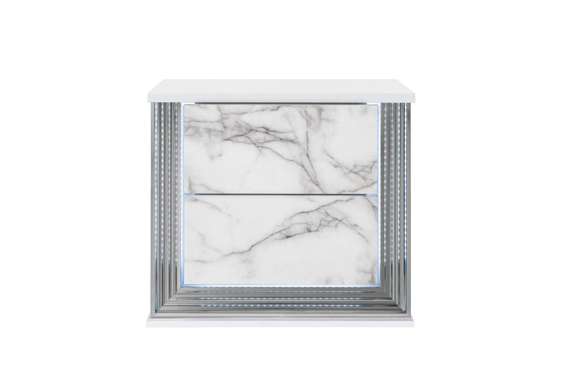 25" Wood Faux Marble Solid And Manufactured Wood Lighted Two Drawer Nightstand With USB Port - White