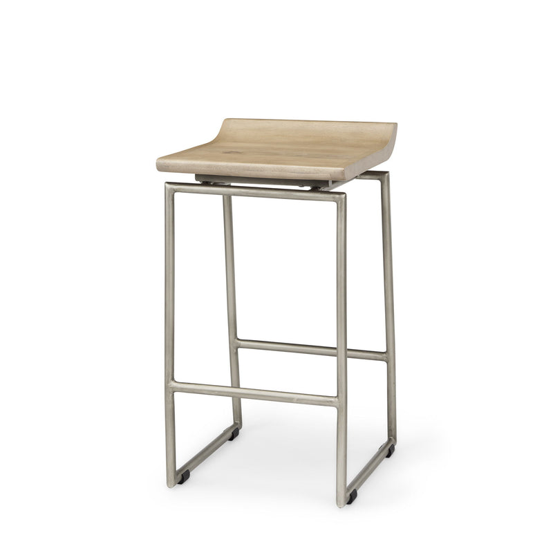 25" Solid Wood And Iron Low Back Counter Height Bar Chair - Silver / Natural