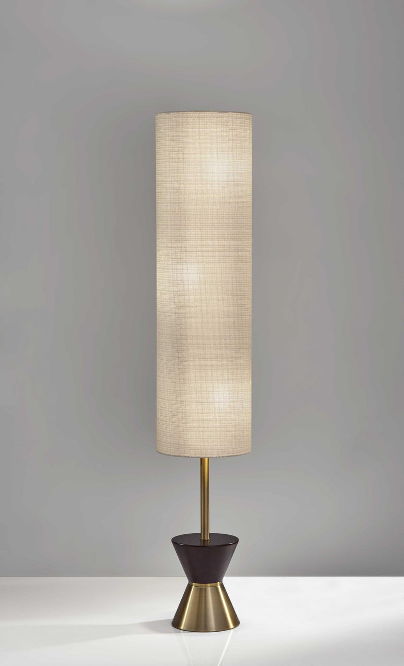 Brass And Wood Textured Cylinder Floor Lamp - Beige