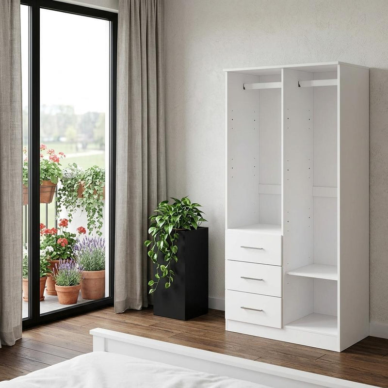 Solid Wood Mirrored Three Door Three Drawer Combo Dresser - White