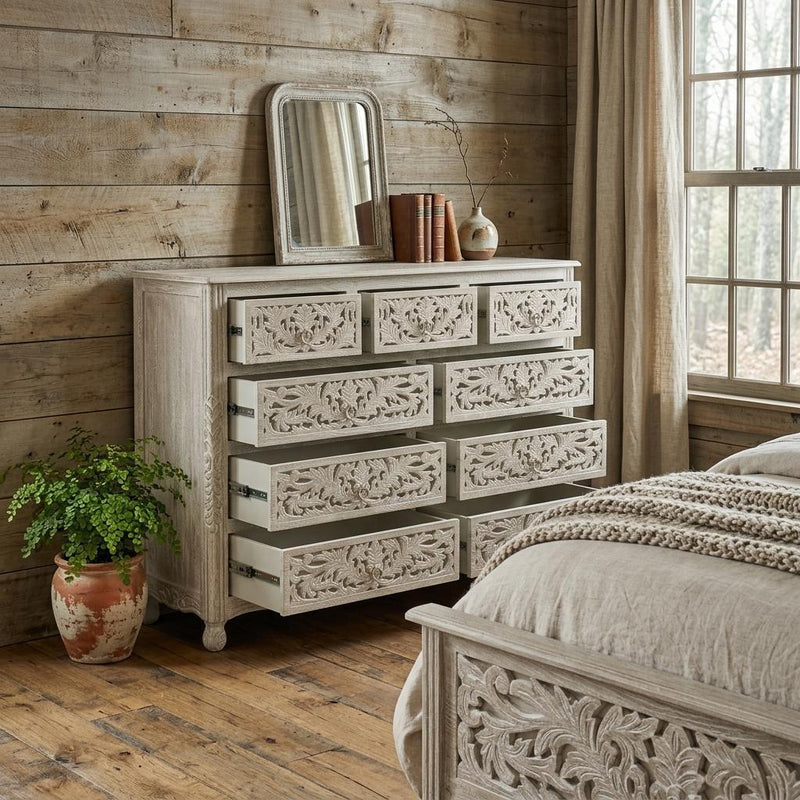 Carved Floral Solid Wood Nine Drawer Dresser - Gray