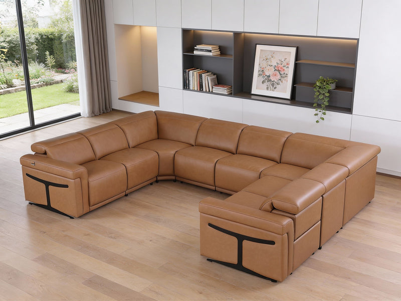 Italian Leather Power Reclining U Shaped Eight Piece Corner Sectional With Console - Chestnut