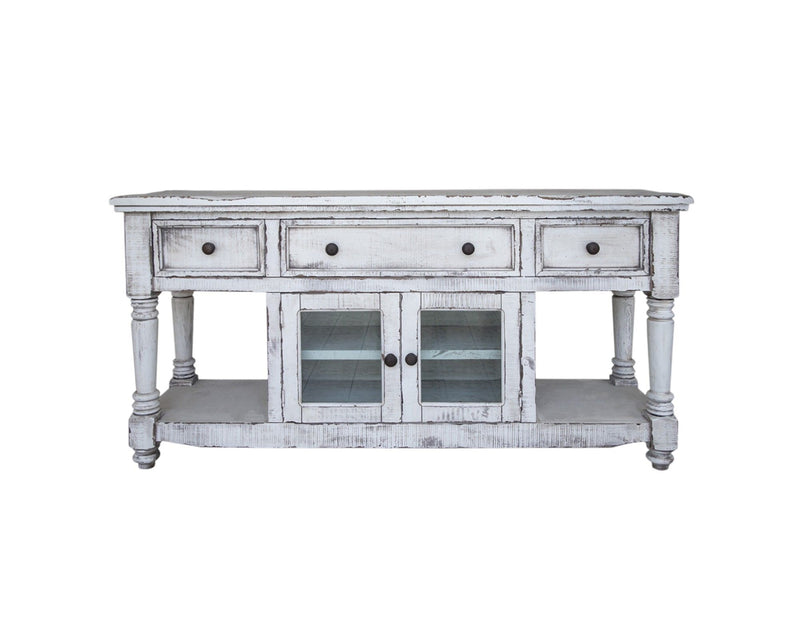 Solid Wood Open Shelving Distressed TV Stand - White