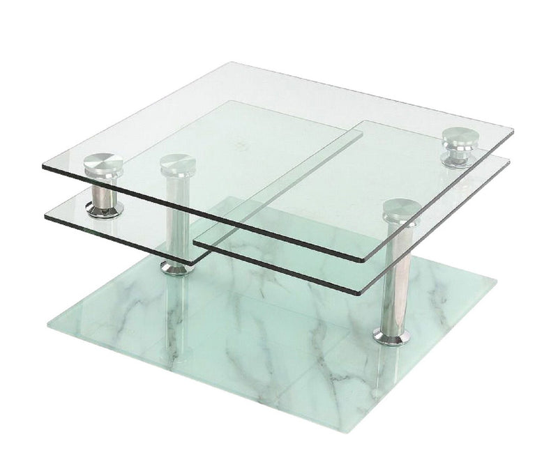 32" Clear And Faux Marble Glass And Metal Coffee Table With Three Shelves - White